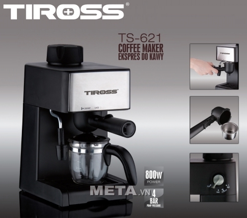 Máy pha cà phê Espresso Tiross TS621 có công suất 800w và có thể pha 4 tách cà phê 1 lúc.