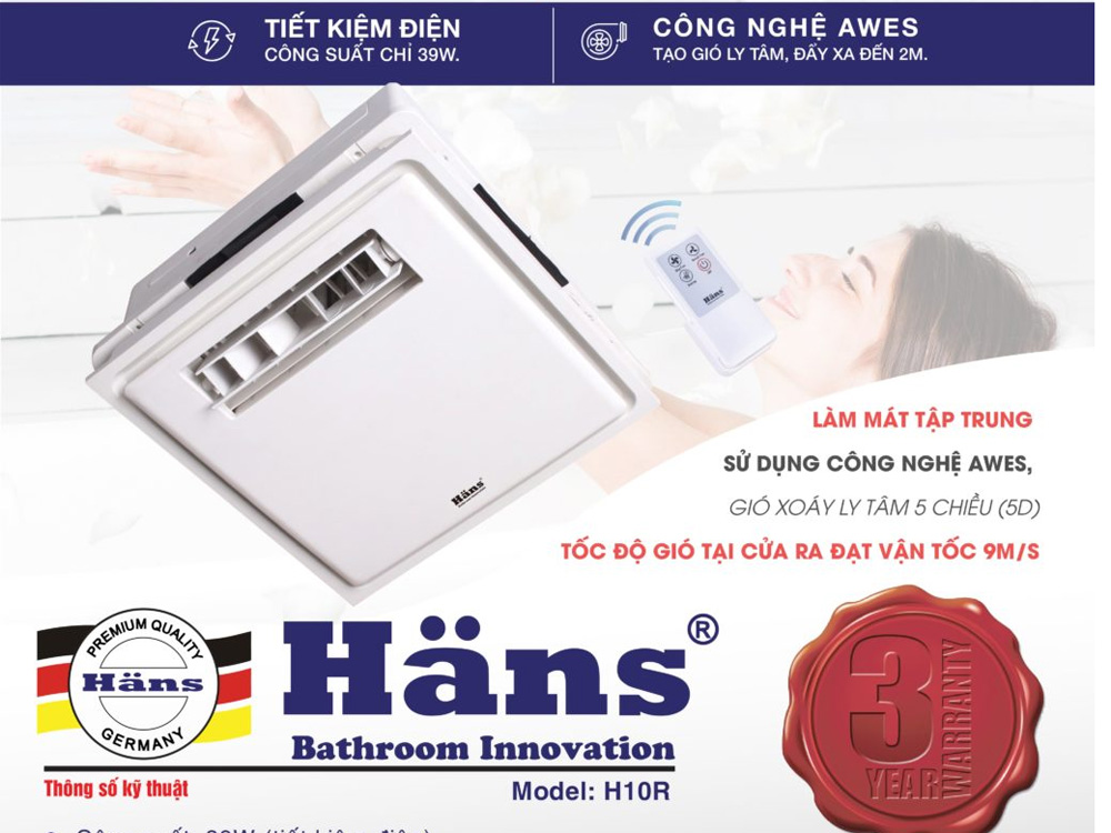 Quạt mát âm trần điều khiển từ xa Hans H10R