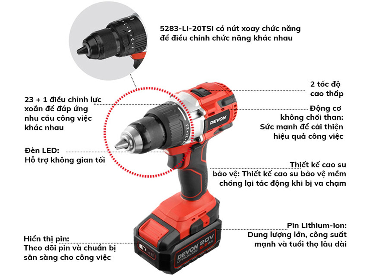 Thân máy khoan động lực 20V Devon 5283-Li-20TSI (không pin, sạc)