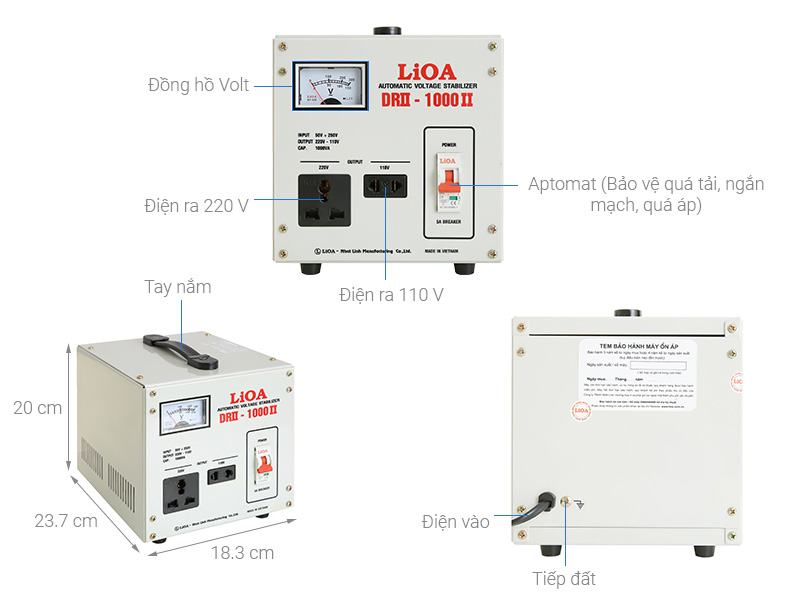 Ổn áp 1 pha Lioa 1KVA DRII 1000II (Dải điện áp đầu vào 50V-250V)
