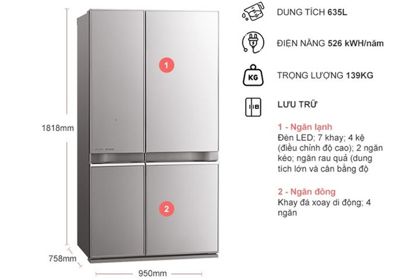 Tủ lạnh 4 cánh Inverter Mitsubishi Electric MR-L78EN-GSL (635L)
