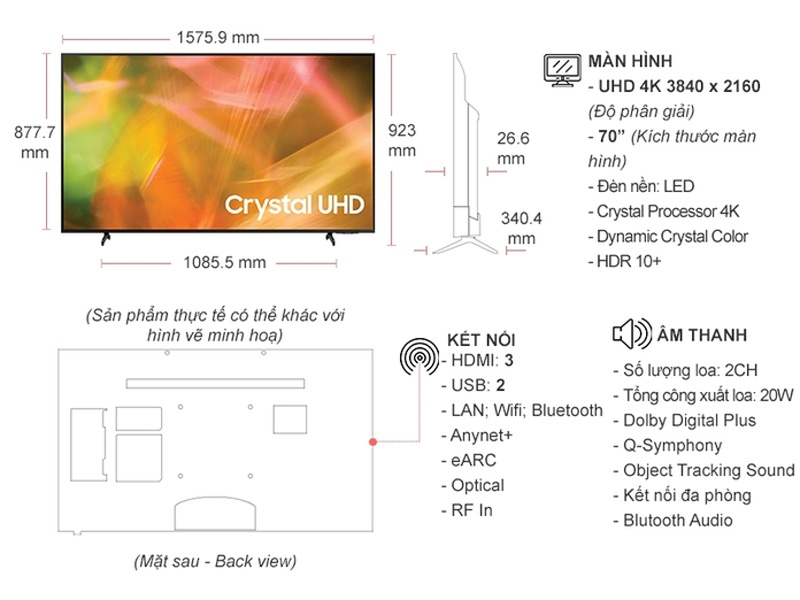 Smart tivi Samsung Crystal UHD 4K 70 inch UA70AU8000KXXV