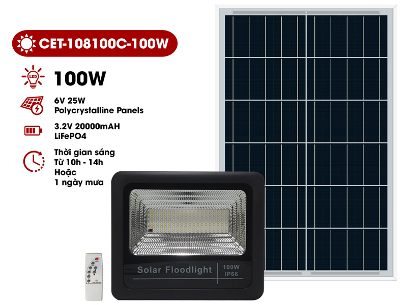 Đèn Solar LED năng lượng mặt trời CET-108100C-100W (chiếu sáng 230m2)