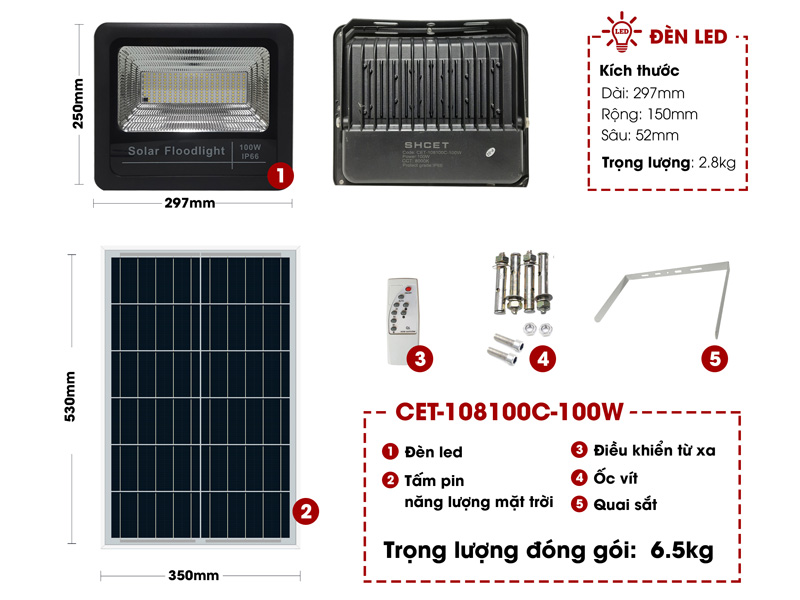 Đèn Solar LED năng lượng mặt trời CET-108100C-100W (chiếu sáng 230m2)