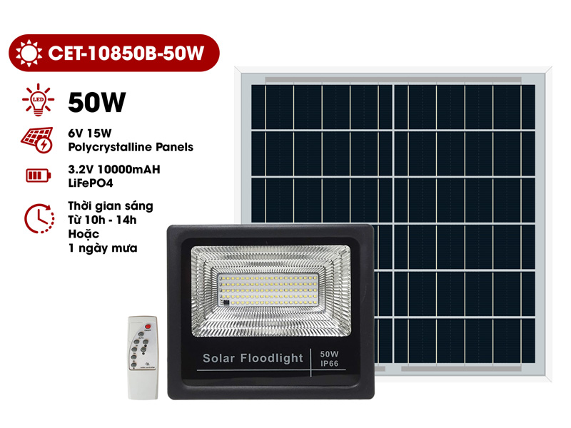 Đèn Solar Led năng lượng mặt trời CET-10850B-50W (chiếu sáng 180m2)