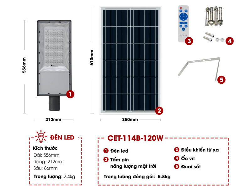 Đèn năng lượng mặt trời Solar CET-114B-120W (chiếu sáng 270m2)