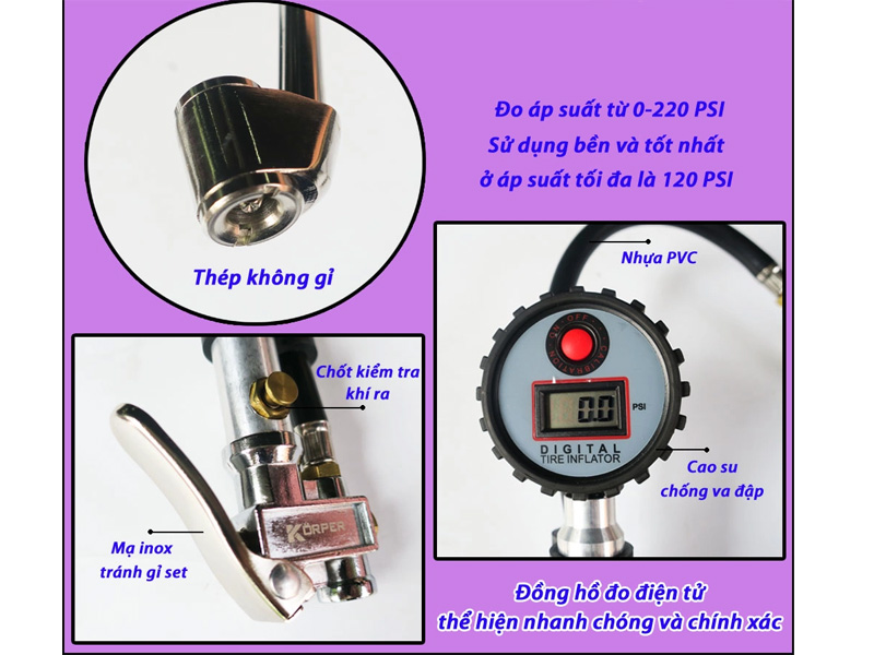 Súng bơm lốp đồng hồ điện tử Korper KP-B103-5D