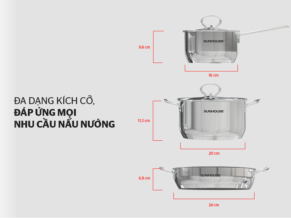 Bộ nồi chảo inox 3 món Easy cook Sunhouse SHG993E