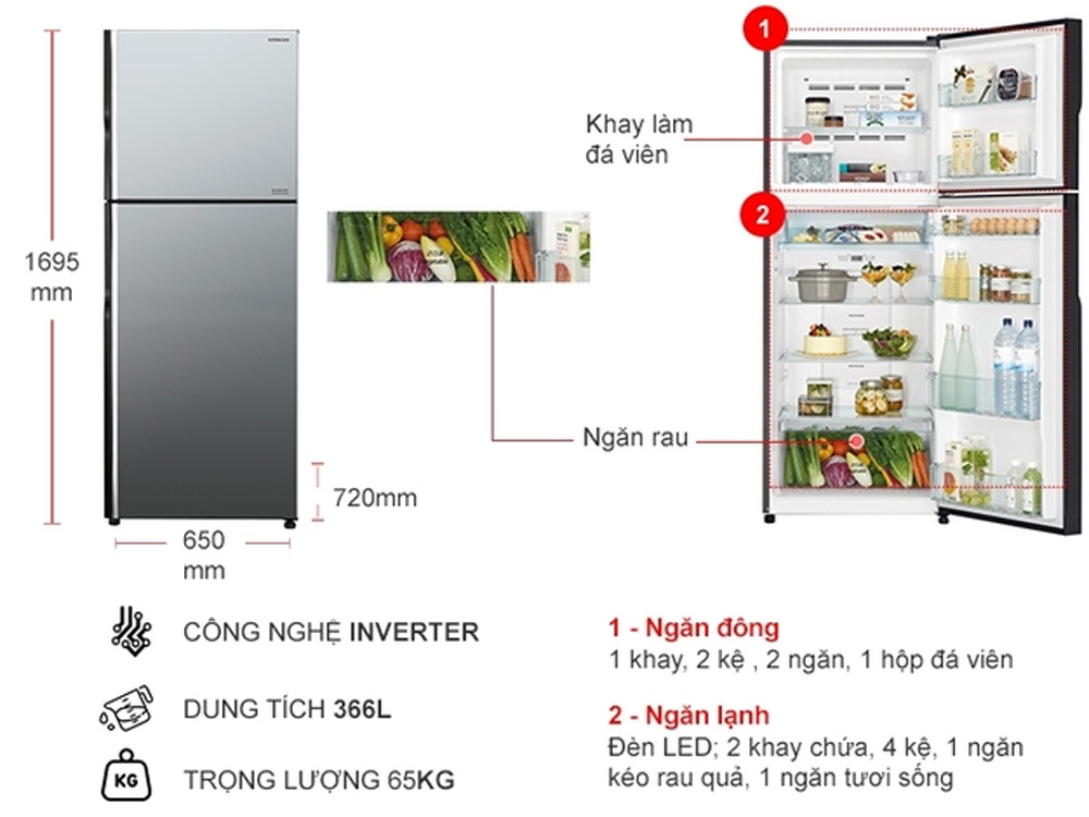 Tủ lạnh Hitachi Inverter FVX480PGV9-MIR - 366 lít