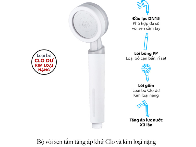 Vòi sen lọc nước khử Clo ngừa mụn lưng tăng áp Halio Beautifying Shower Head