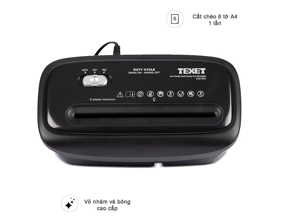 Máy hủy tài liệu 12L Texet CC612EX (có chức năng nhả kẹt giấy)