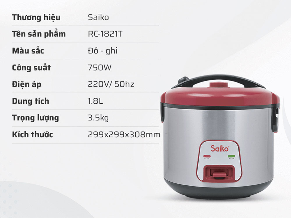 Nồi cơm điện Saiko RC-1821T 1.8 lít