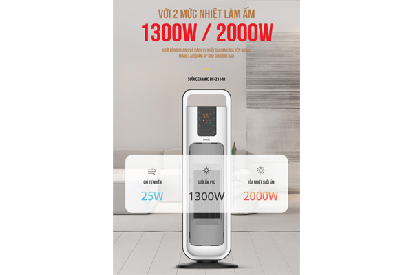 Sưởi điện ceramic Roler RC-2114R (có điều khiển từ xa)
