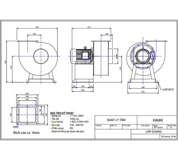 Quạt ly tâm tăng áp hút khói HAIKI HK71-2.5A-1.1