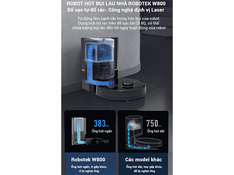 Robot hút bụi lau nhà thông minh, tự đổ rác Robotek W800 WIFI