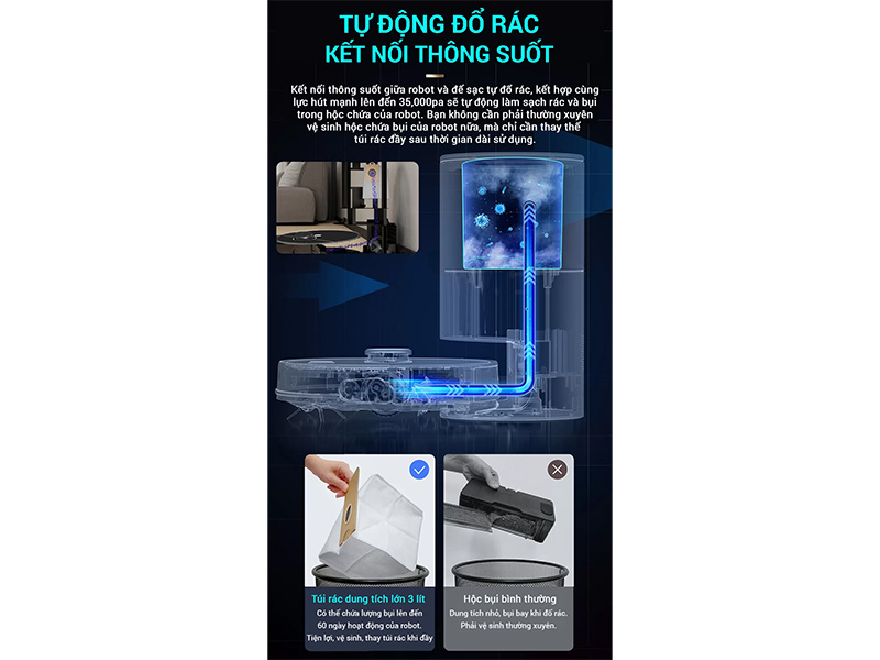 Robot hút bụi lau nhà thông minh, tự đổ rác Robotek W800 WIFI