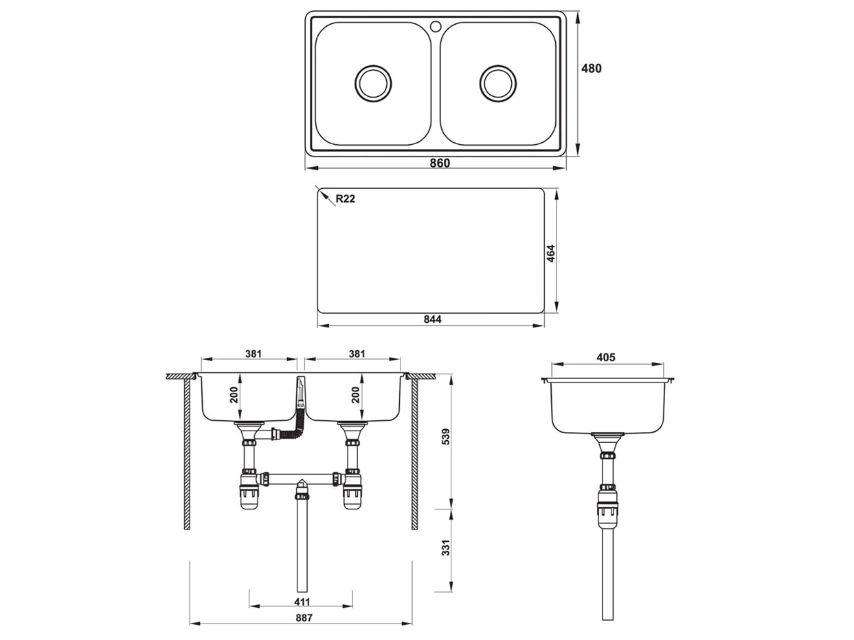 Bồn rửa chén inox Hafele HS20-SSN2R90M / 567.20.493