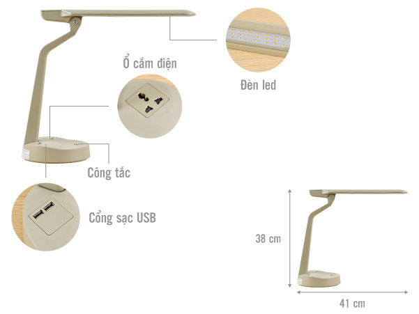 Đèn bàn học bóng Led 7W Lioa 02CD (Có chân sạc USB, ổ cắm đa năng)