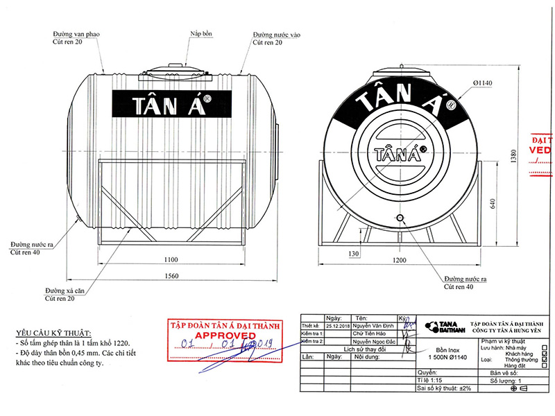 Bồn nước inox Tân Á 8 1.500L Ngang (Ø1140)