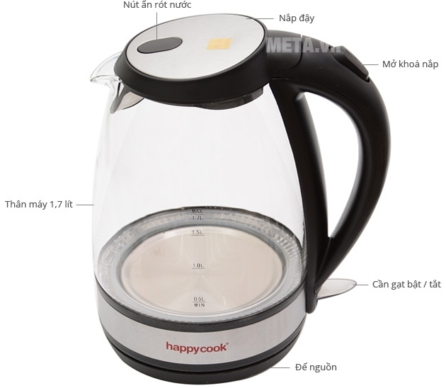 Bình đun siêu tốc thủy tinh Happy Cook HK17SK