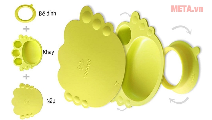 Khay ăn dặm UINLUI đế dính có nắp cho trẻ từ 0 - 3 tuổi