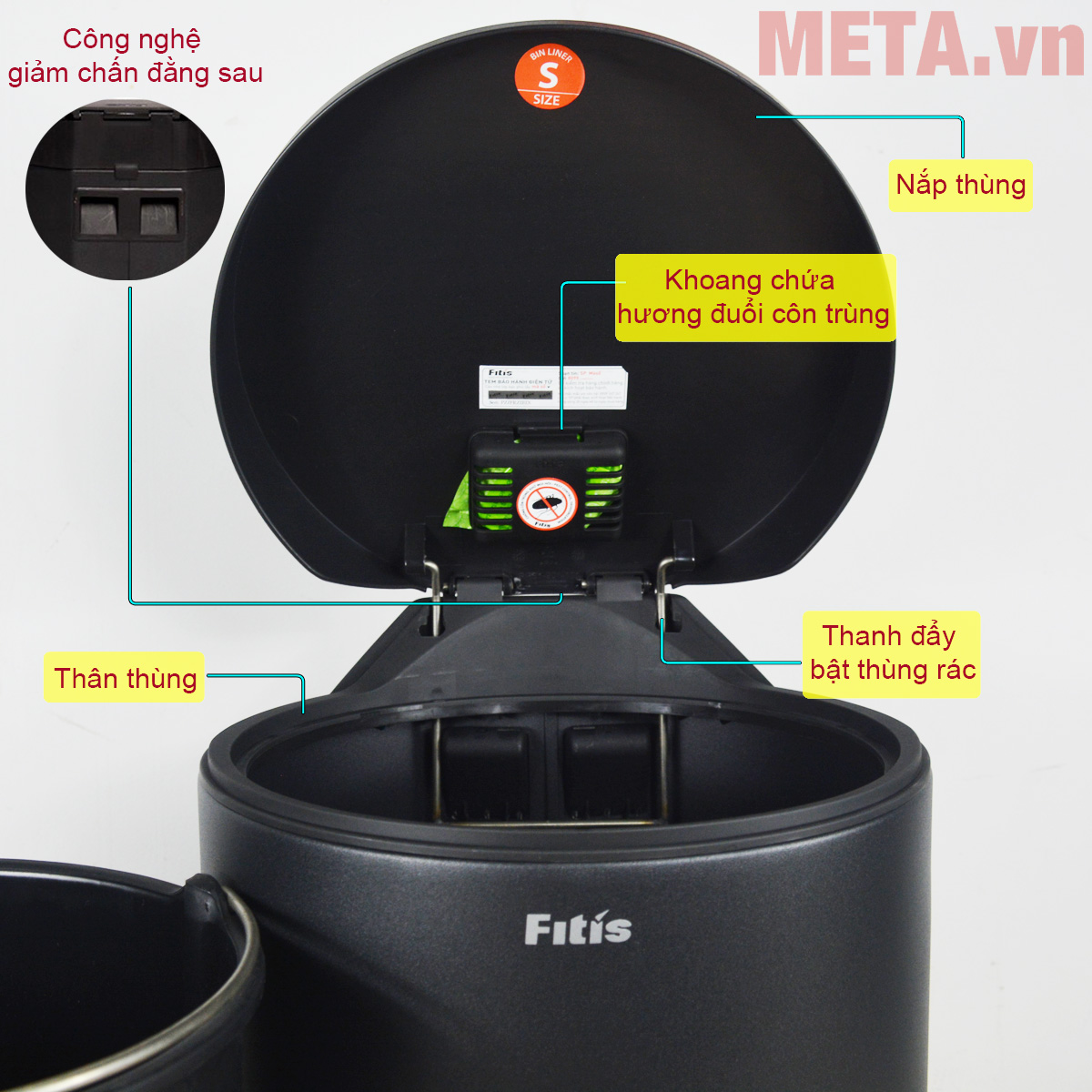 Thùng rác inox đạp tròn nhỏ Fitis RPS1-903 12 lít (đen)