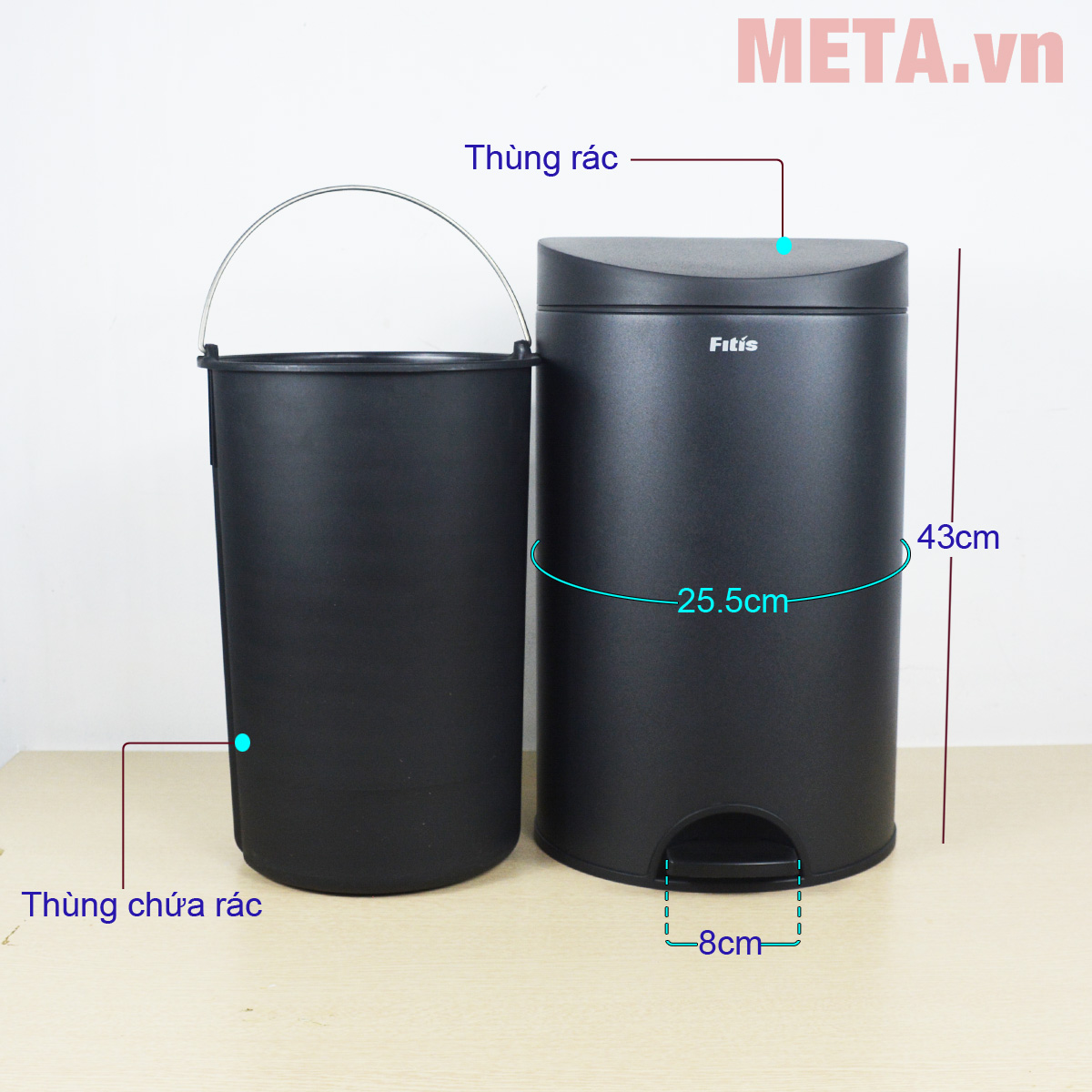 Thùng rác inox đạp tròn nhỏ Fitis RPS1-903 12 lít (đen)