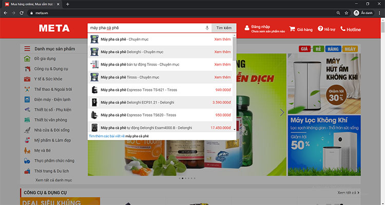 Tìm kiếm sản phẩm trên website META.vn