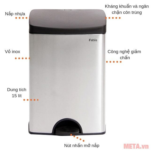 Thùng rác inox đạp vuông nhỏ Fitis SPS1-901 15 lít (bạc)