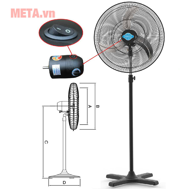 Quạt đứng công nghiệp Komasu KM 600S (Lồng sơn đen, túp năng điện)