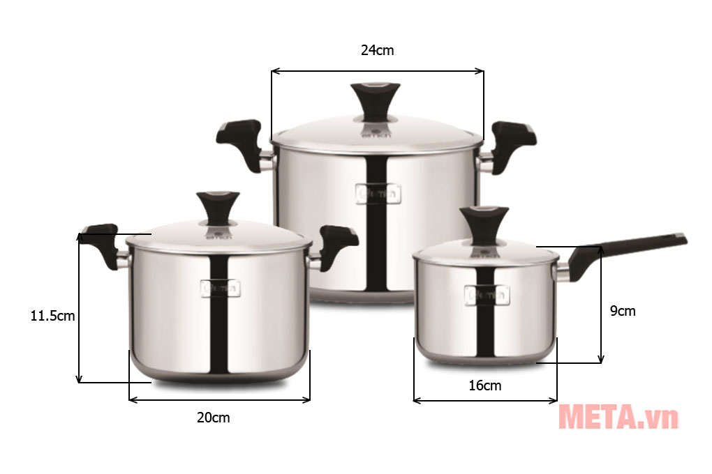 Bộ nồi inox 3 lớp cao cấp đáy liền Tri-max XP EL-3755 size 16cm, 20cm, 24cm