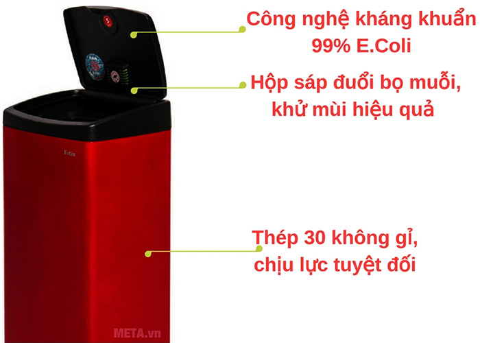 Thùng rác Inox nhấn vuông lớn Fitis STL1-906 - 22L (Đỏ)