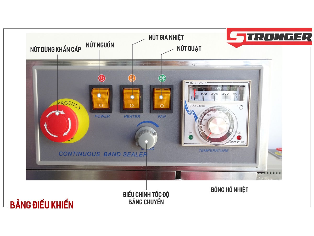 Máy hàn miệng túi liên tục không in date có thổi khí Stronger FRB-770I-II