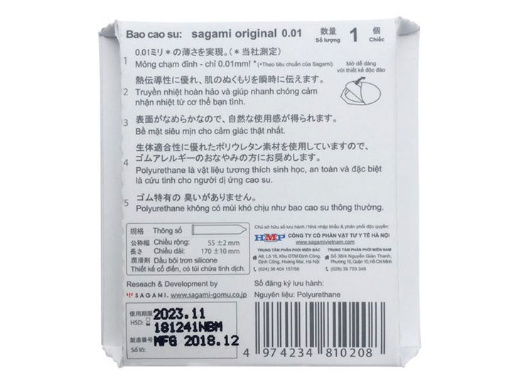 Bao cao su Sagami Original 0.01 siêu mỏng (hộp 1 chiếc)
