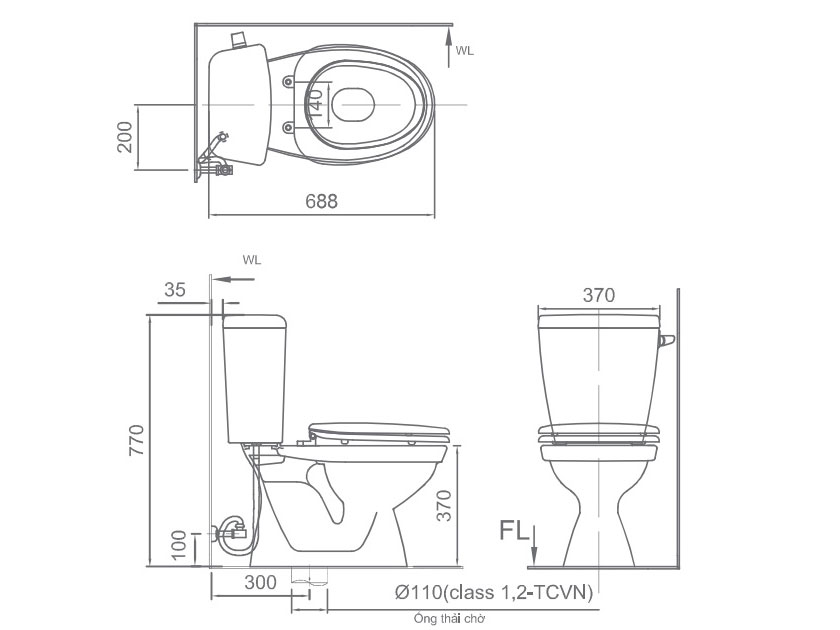 Bồn cầu 2 khối Inax C-117VA/BW1 xả gạt