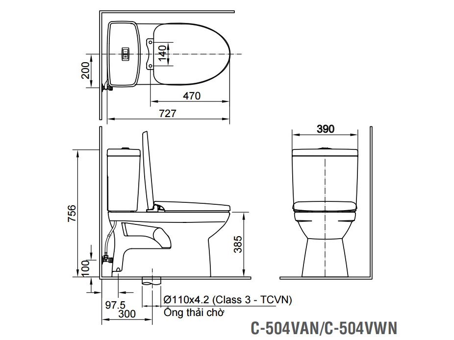 Bồn cầu 2 khối Inax C-504VAN xả nhấn, nắp êm