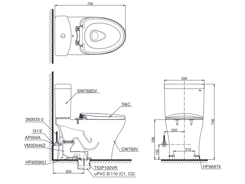 Bồn cầu 2 khối, nắp đóng êm Toto CS769DRT2 (Xả nhấn)