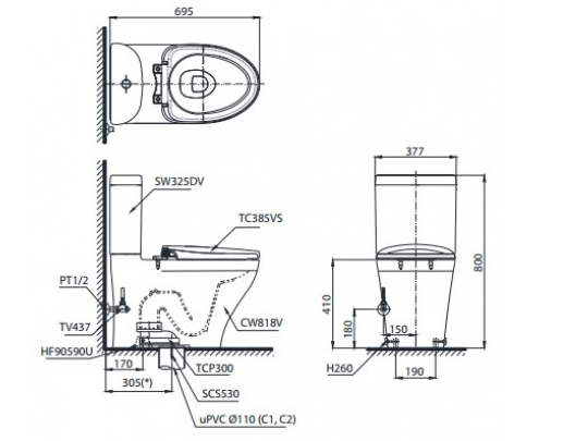 Bồn cầu 2 khối nắp đóng êm Toto CS818DT3