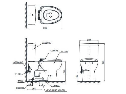Bồn cầu 2 khối Toto CS320DRT3 (nắp TC385VS)