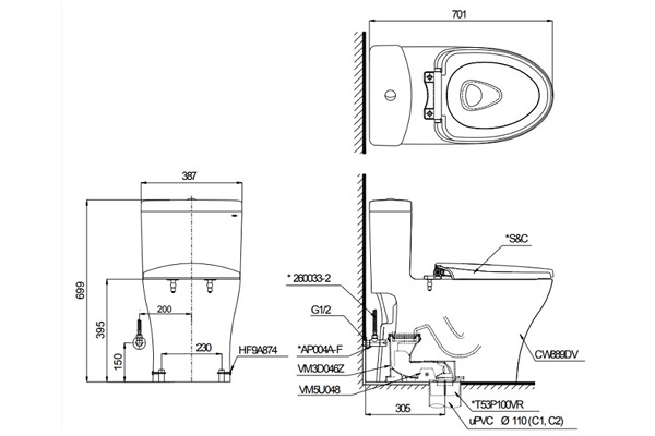Bàn cầu 1 khối Toto MS889DRE2 (Kèm vòi rửa vệ sinh TCW07S)