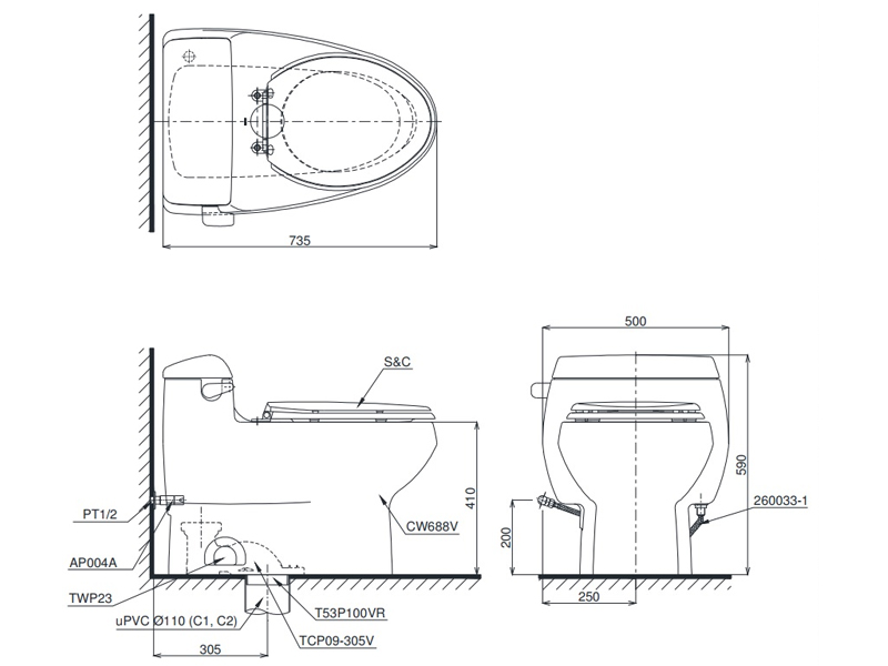 Bồn cầu 1 khối Toto MS688E2 (Kèm vòi rửa nước lạnh TCW07S)