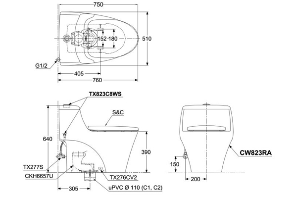 Bồn cầu điện tử 1 khối Toto CW823REAW12 (Kèm nắp rửa điện tử TCF4911EZ)