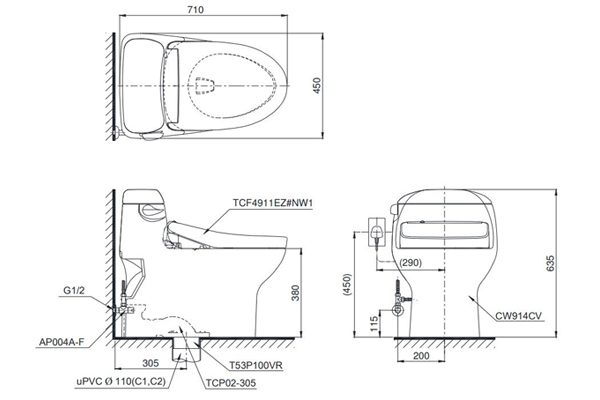 Bồn cầu điện tử 1 khối Toto MS914CRW12 (kèm nắp rửa điện tử TCF4911EZ)