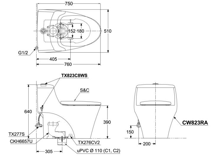 Bồn cầu 1 khối Toto CW823RAT2 (Nắp đóng êm TC393VS)