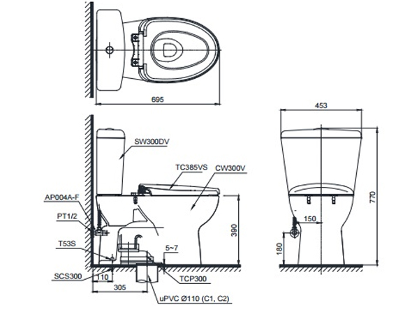 Bồn cầu 2 khối Toto CS300DRT3 (Nắp êm TC385VS)