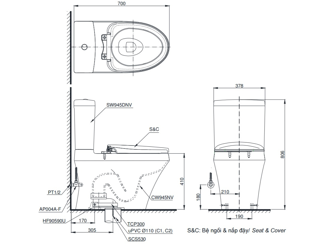 Bồn cầu 2 khối nắp đóng êm Toto CS945DNT3 (Nắp TC385VS)