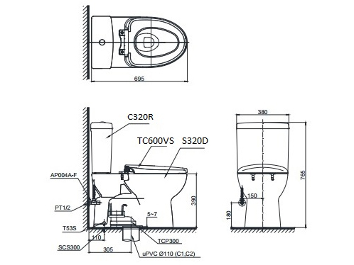 Bồn cầu 2 khối Toto CS320DRT8 (nắp êm TC600VS)
