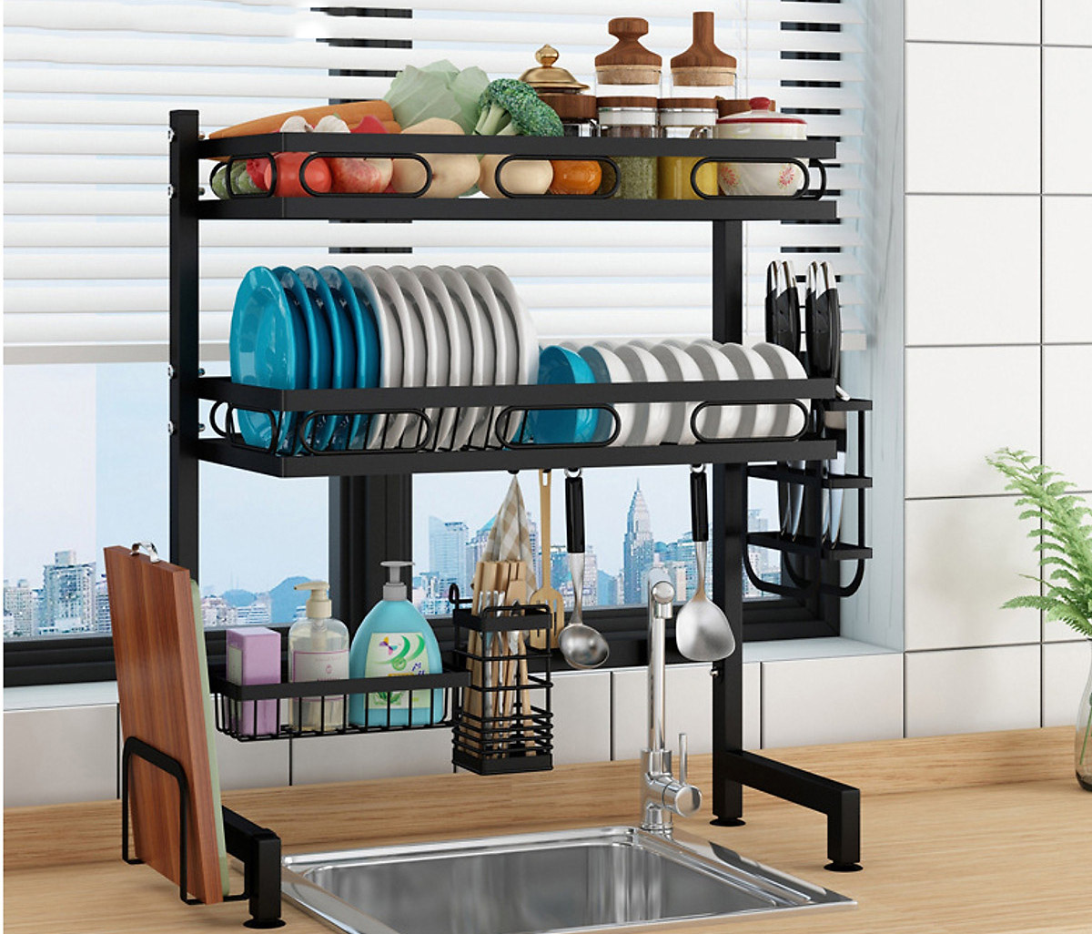 Kệ chén bát sơn đen chống khuẩn cao cấp 2 tầng Vando 6205 (65cm)