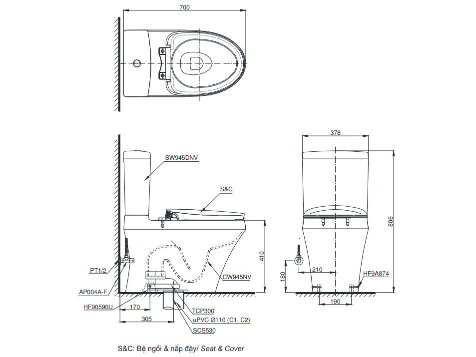 Bồn cầu 2 khối nắp êm Toto CS945DNT8 (Nắp TC600VS)