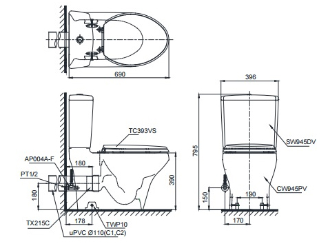 Bồn cầu 2 khối nắp êm Toto CS945PDT2 (Nắp TC393VS)